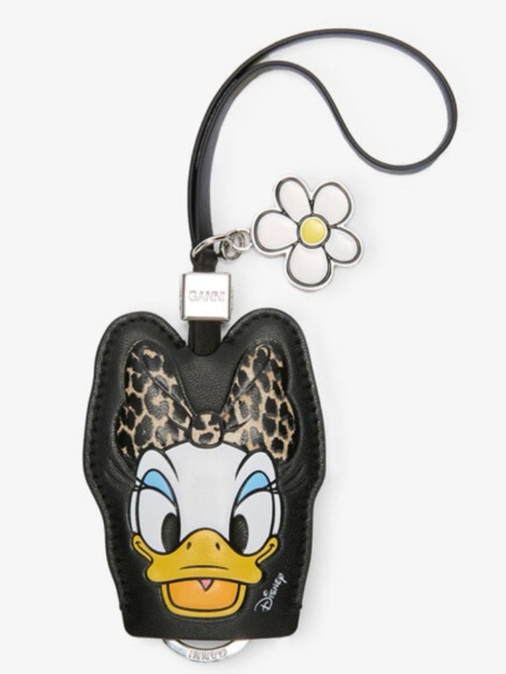 Ganni Black Daisy Charm Daisy Duck Card Holder with Leopard Bow